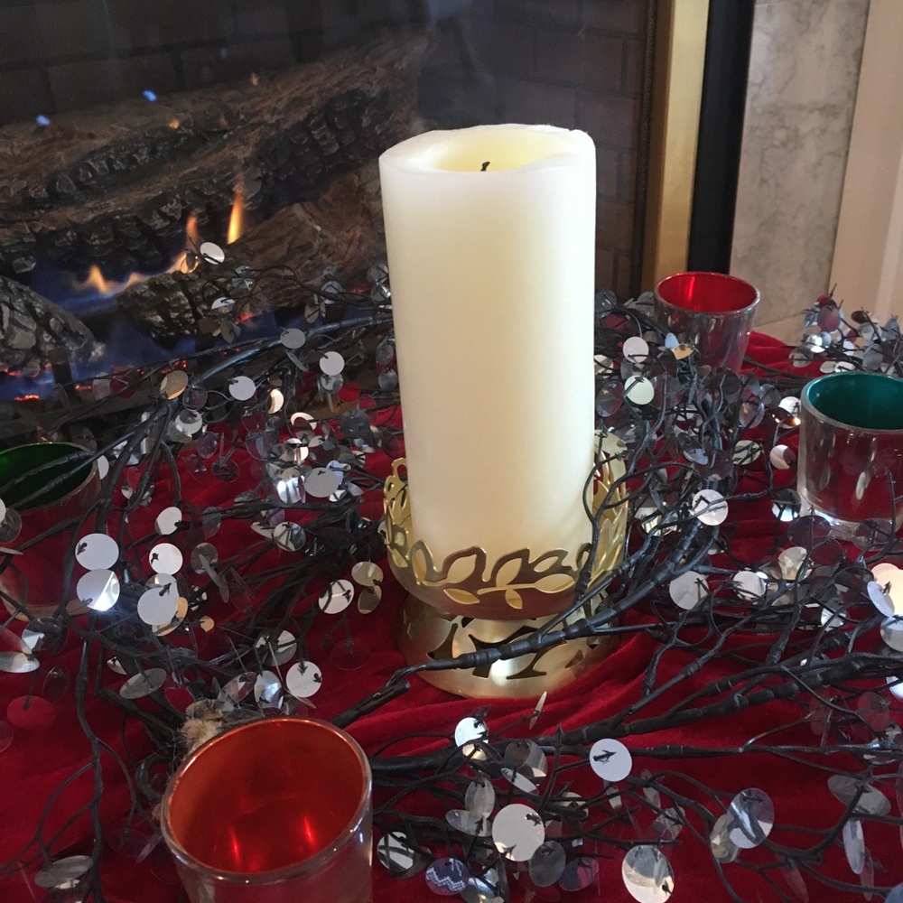 Brass Colored Pillar Candle Holder & Candle